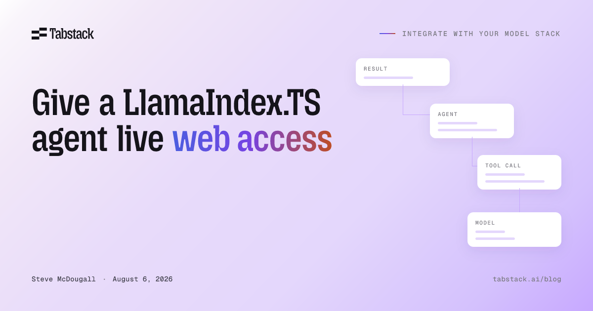 Install @tabstack/llamaindex, pass the tools to an agent, and let it read pages, pull typed fields, and research questions across sources on demand.